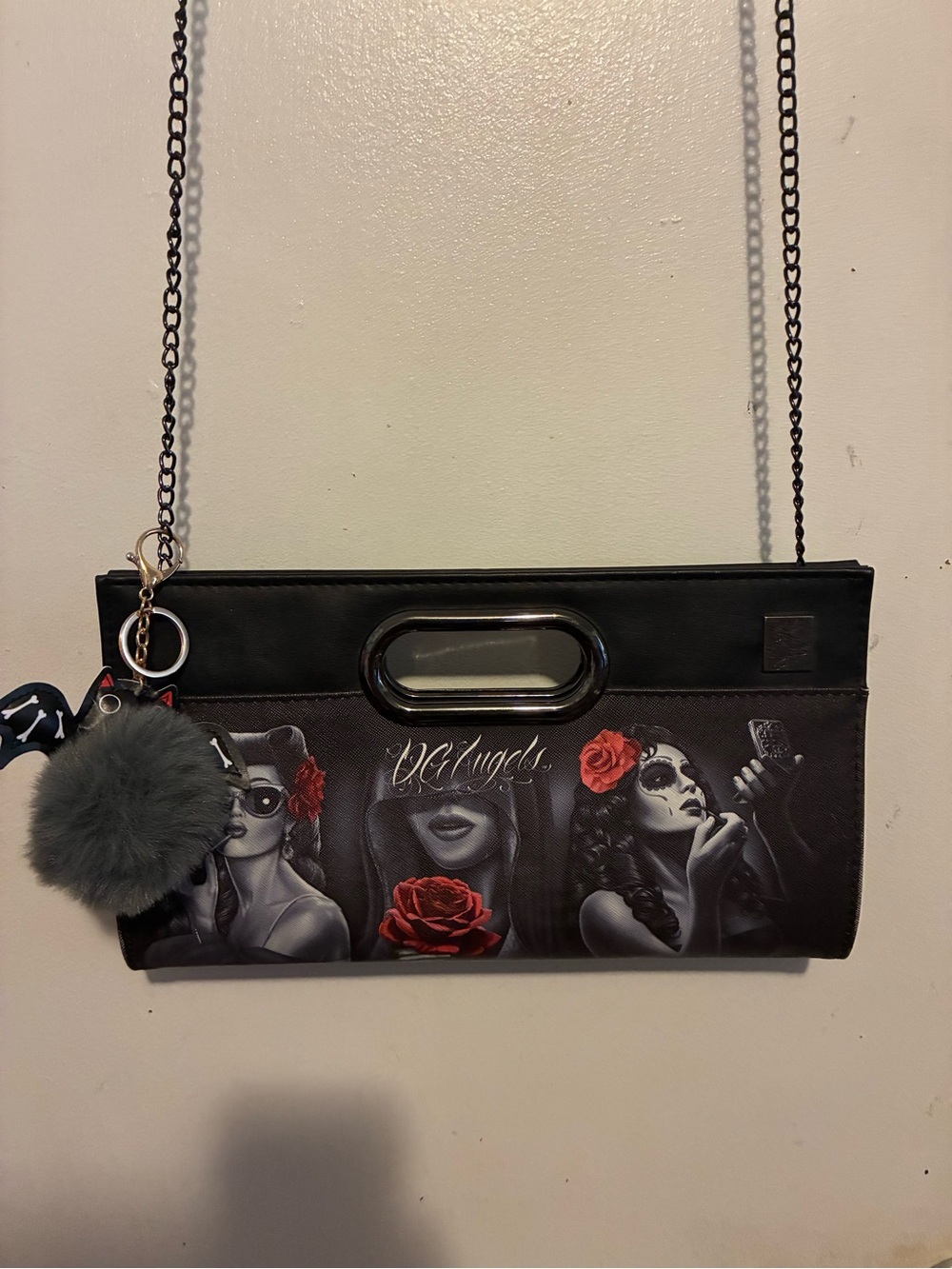 DOL Angels Black Crossbody Clutch with Red Rose Graphic